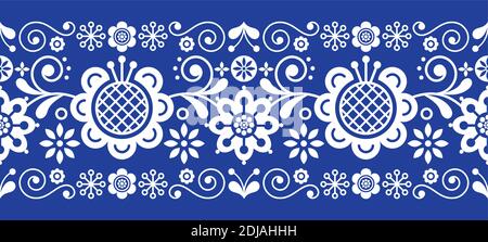 Scandinavian folk art retro vector long pattern, floral ornament in white on navy blue - seamless stripe stripe Stock Vector