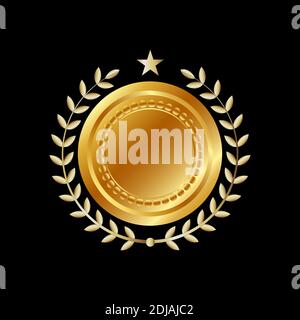 Golden stamp with ribbons isolated on white background. Luxury seal. Award medal 3d realistic vector color illustration. Reward. Golden medal with red Stock Vector