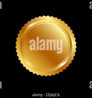 Golden stamp with ribbons isolated on white background. Luxury seal. Award medal 3d realistic vector color illustration. Reward. Golden medal with red Stock Vector