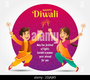 Cute cartoon indian kids in traditional clothes jumping and playing with firecracker celebrating the festival of lights Diwali or Deepavali Stock Vector