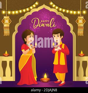 Cute cartoon indian kids in traditional clothes holding diya (oil lamp) with hanging lantern and light bulbs celebrating the festival of lights Diwali Stock Vector