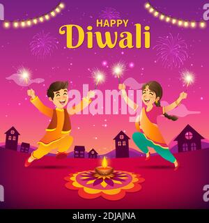 Cute cartoon indian kids in traditional clothes jumping and playing with firecracker celebrating the festival of lights Diwali or Deepavali on sky bac Stock Vector