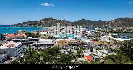 Panoramic view of the town and capital Philipsburg in St Maarten, at Great Bay and the Great Salt Pond. Caribbean Island.