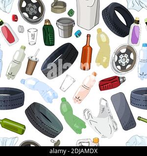 Seamless background with different kinds of garbage. The theme of ecology Stock Vector