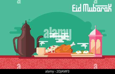 Eid Mubarak greeting card in flat style vector illustration with arabic coffee pot and cup, kabsa, shakshuka and lantern Stock Vector