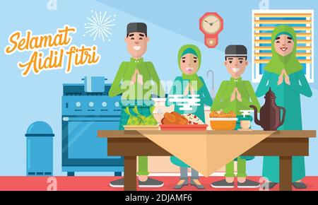 Selamat hari raya aidil fitri greeting card in flat style vector illustration with moslem family feasts, plentiful food, desserts and rice dumpling/ke Stock Vector