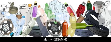 Different kinds of garbage. Seamless pattern brush. Stock Vector