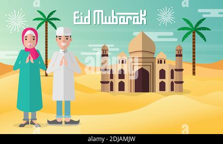 Eid Mubarak greeting card in flat style vector illustration with moslem kids character with mosque, palm tree and desert on background Stock Vector