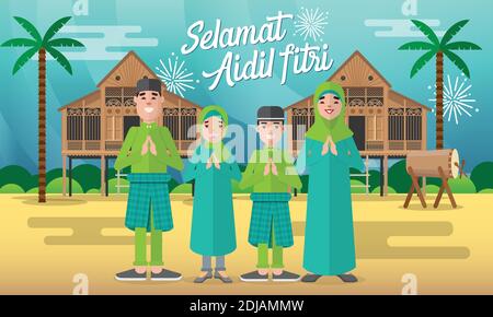Selamat hari raya aidil fitri greeting card in flat style vector illustration with moslem family character with traditional malay village house / Kamp Stock Vector