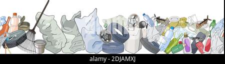 Different kinds of garbage. Seamless pattern brush. The concept of ecology and World Cleanup Day. Stock Vector