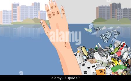 Environmental disaster of plastic debris in the ocean. Pile garbage in the sea. Waste and trash in the city. Plastic straws on the coast. Concept of e Stock Vector