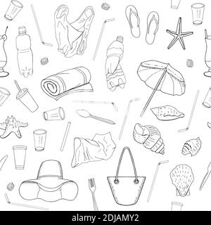 Hand drawn outline. Vector seamless pattern with garbage, plastic straws, bag, plastic utensils, starfish, beach accessories. The concept of environme Stock Vector
