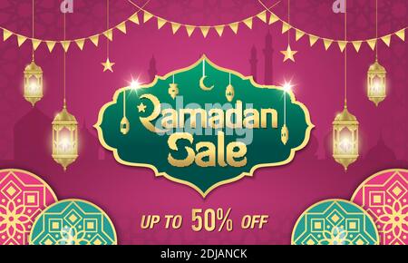 Ramadan Sale, web header or banner design with golden shiny frame, arabic lanterns and Islamic Ornament on purple background. Up to 50% discount offer Stock Vector