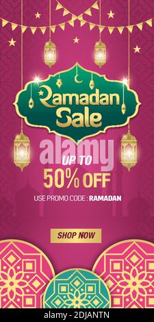 Ramadan Sale Web Header Or Banner Design With Golden Shiny Frame Arabic Lanterns And Islamic Ornament On Purple Background Up To 50 Discount Offer Stock Vector Image Art Alamy