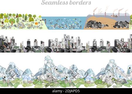 Vector set of seamless borders with plastic garbage and straws on the ocean and mountains. Waste vector hand drawn collection. The problem of cleaning Stock Vector