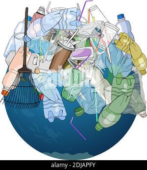 The pollution, garbage, plastic, bags on the planet. The concept of ecology and the World Cleanup Day. Stock Vector