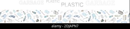 Different kinds of plastic garbage. Seamless pattern brush. The concept of ecology and the World Cleanup Day. Stock Vector