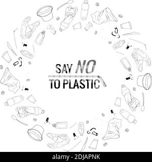Say no to plastic text and plastic package line icons sign around circle vector design - Vector. Environmental disaster of plastic debris in the city. Stock Vector