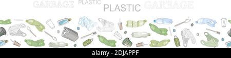 Different kinds of plastic garbage. Seamless pattern brush. The concept of ecology and the World Cleanup Day. Stock Vector