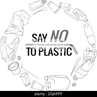 Say no to plastic text and package line icons sign around circle vector hand drawn design. The problem of cleaning and separation of garbage. The conc Stock Vector