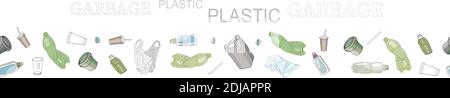 Different kinds of plastic garbage. Seamless pattern brush. The concept of ecology and the World Cleanup Day. Stock Vector