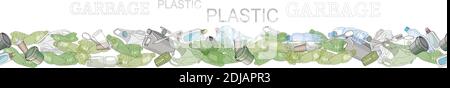 Different kinds of plastic garbage. Seamless pattern brush. The concept of ecology and the World Cleanup Day. Stock Vector