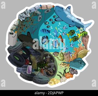 The concept of ecological catastrophe of garbage and waste in the ocean. The problems with chemical wastes disposal. Vector hand drawn illustration. Stock Vector