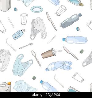 Garbage Collection Pattern Outline seamless pattern with sorted plastic garbage isolated on white ...