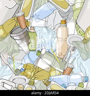 Seamless pattern with different kinds of plastic garbage. The concept of ecology and World Cleanup Day. Stock Vector