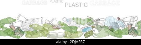 Different kinds of plastic garbage. Seamless pattern brush. The concept of ecology and the World Cleanup Day. Stock Vector