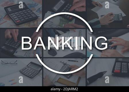 Banking concept illustrated by pictures on background Stock Photo