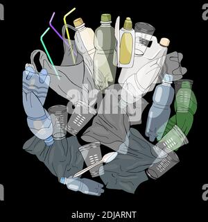 Big waste Set Of Transparent Empty Packaging. Plastic Trash. Vector hand drawn collection of rubbish. Concept of Recycles Day, National Reuse Day and Stock Vector