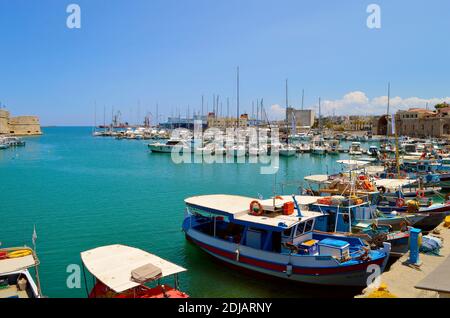 Boats in Heraklion port the capital of the Crete one of the Greek islands Stock Photo