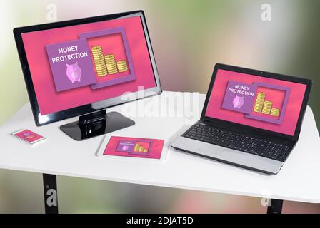 Money protection concept shown on different information technology devices Stock Photo