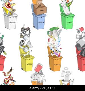 Seamless pattern. Trash cans with sorted garbage set. Different types of garbage - Organic, Plastic, Metal, Paper, Glass, E-waste. Stock Vector