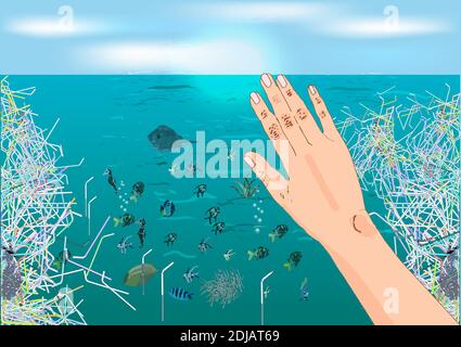 The refusal of disposable plastic drinking straws. The problems with chemical wastes disposal. Stop using plastic straws, Stop plastic pollution on se Stock Vector