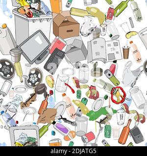 Seamless pattern with different kinds of plastic garbage, chemical waste, food. Vector hand drawing illustration of Trash can. The concept of Recycles Stock Vector