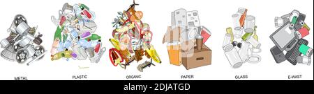 Sorted garbage set. Different types of garbage heap - Organic, Plastic, Metal, Paper, Glass, E-waste. Vector hand draw collection. Concept of Recycles Stock Vector