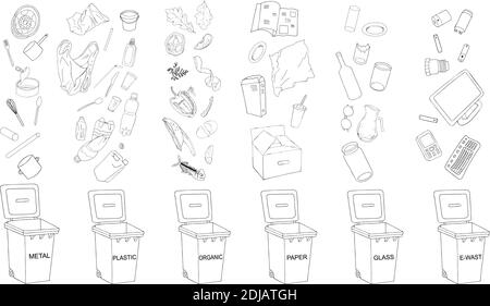 Trash cans with sorted garbage set. Different types of garbage - Organic, Plastic, Metal, Paper, Glass, E-waste. Vector collection of trash bins. Stock Vector