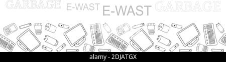 Black and white outline seamless vector border with sorted E-waste garbage isolated on white. Collection of patterns with separate debris. Hand drawn Stock Vector