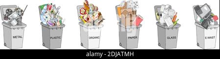 Trash cans with sorted garbage set. Different types of garbage - Organic, Plastic, Metal, Paper, Glass, E-waste. Vector hand draw collection of colorf Stock Vector