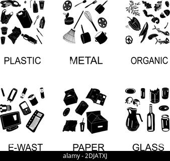 Garbage waste recycling icons, line symbols of different waste sorting. Vector illustration. Collection of trash. Hand drawn outline isolated on white Stock Vector