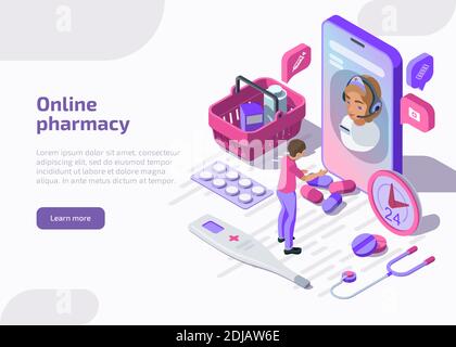 Online pharmacy isometric banner with shopping bag, tablets, apothecary. Pharmacist help patient via smartphone application on mobile device. Telehealth, healthcare or medical support services concept Stock Vector
