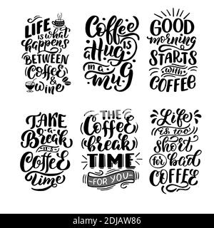 Set of 6 phrases about coffee in vector graphics on a white background. For the design of postcards, posters, banners, notebook covers, prints for t Stock Vector