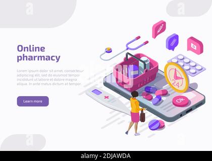 Online pharmacy banner. Mobile drugstore service. Vector landing page with isometric woman buyer and smartphone with application for purchases medical drugs, pills, tablets and healthcare products. Stock Vector
