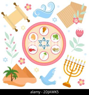 Passover icons set. flat, cartoon style. Jewish holiday of exodus Egypt. Collection with Seder plate, meal, matzah, wine, torus, pyramid. Isolated on Stock Vector