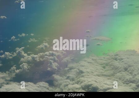 Aerial view of the Tyrrhenian sea. Colors produced when light is passed through the airplane window. Stock Photo