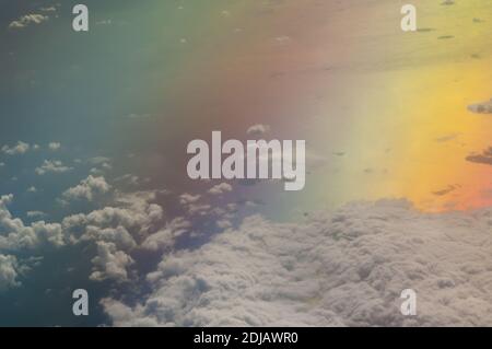 Aerial view of the Tyrrhenian sea. Colors produced when light is passed through the airplane window. Stock Photo