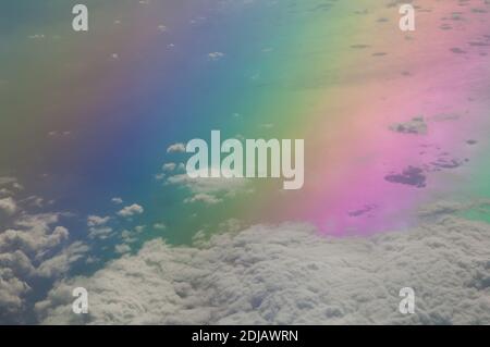 Aerial view of the Tyrrhenian sea. Colors produced when light is passed through the airplane window. Stock Photo