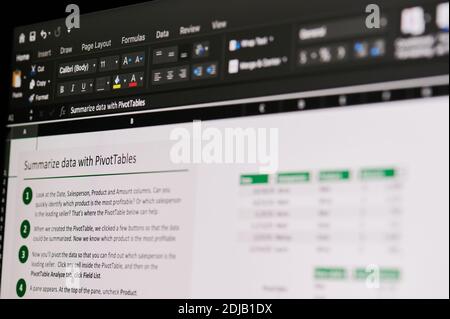 New york, USA - December 14, 2020: Microsoft excel office editing document on laptop screen macro close up view Stock Photo